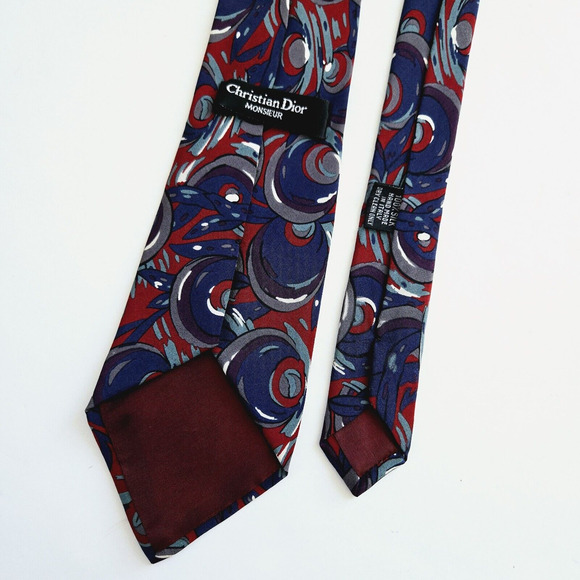Vintage Christian Dior Silk Tie Red Blue Abstract Bold Maximalist Luxury Italy - Picture 7 of 10